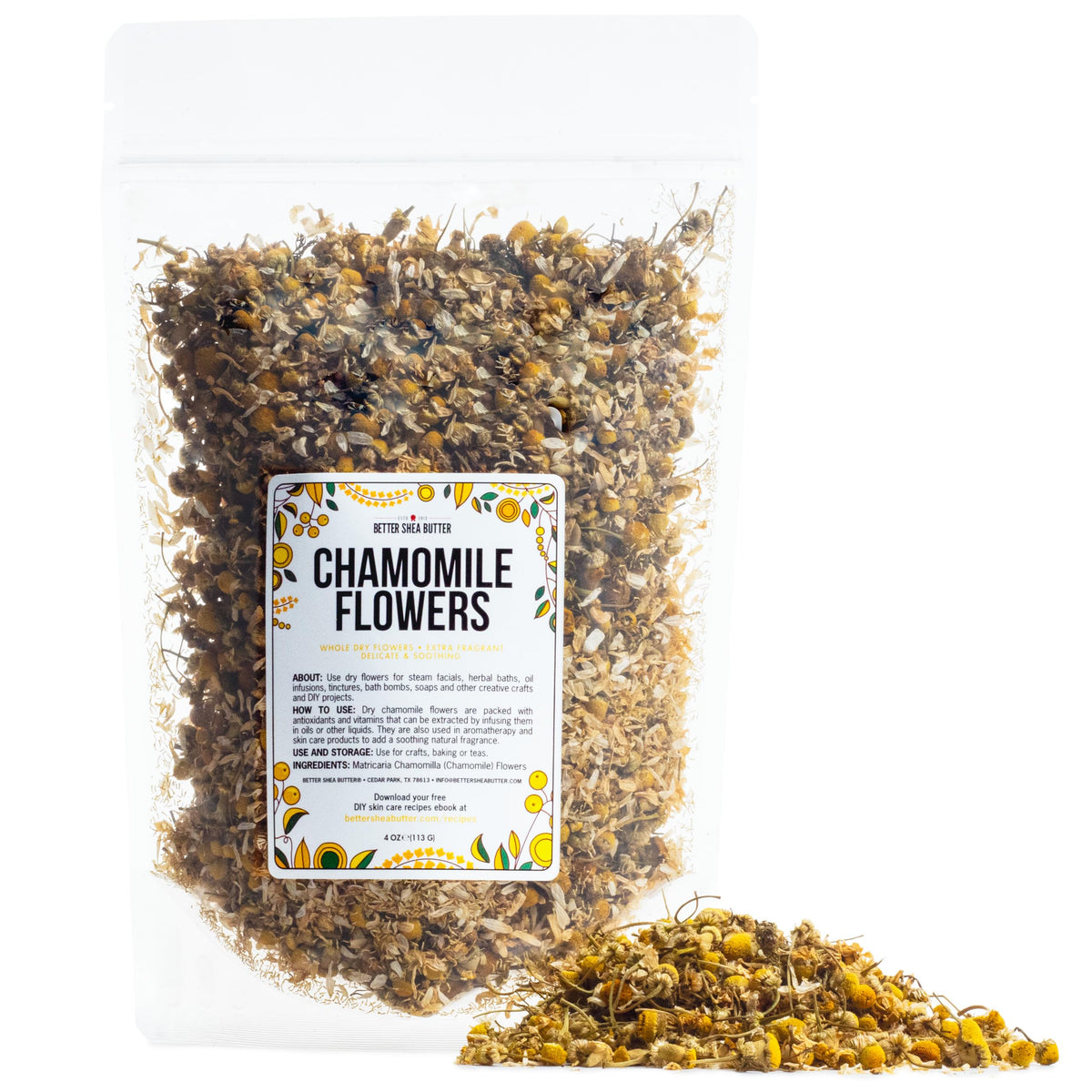 Better Shea Butter dried chamomile bulk for soothing tea and skin care.