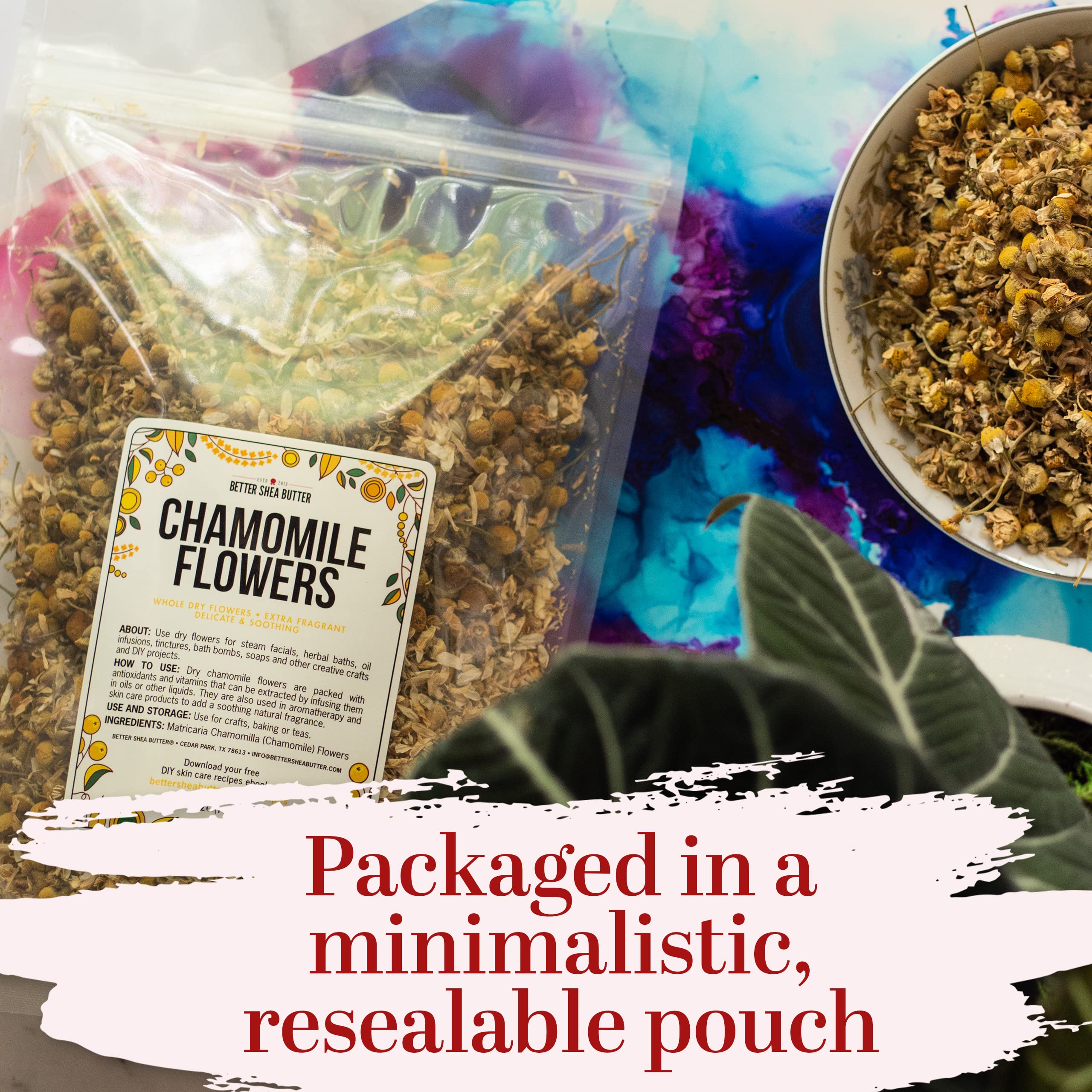 Better Shea Butter resealable pouch keeps chamomile fresh for DIY projects.