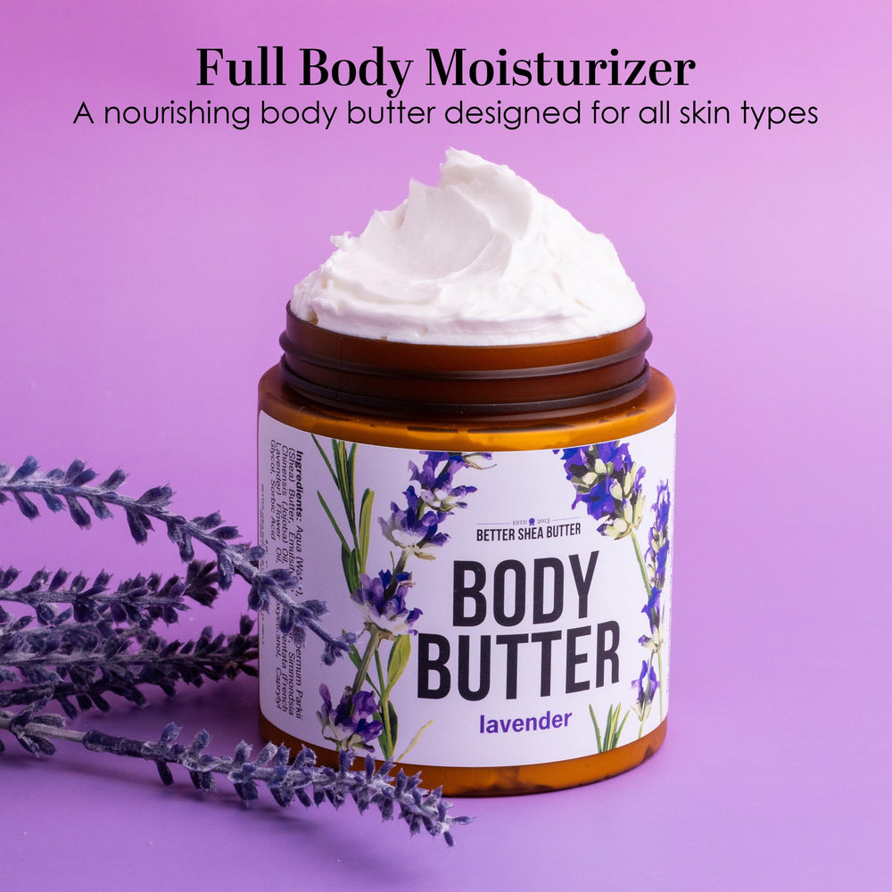 Better Shea Butter Lavender Body Butter hand-cream focus demonstrates convenient use on hands.