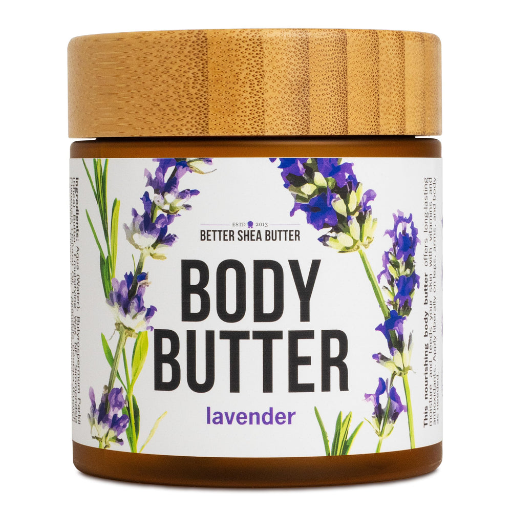 Better Shea Butter Lavender Body Butter jar shows creamy texture for dry skin hydration.