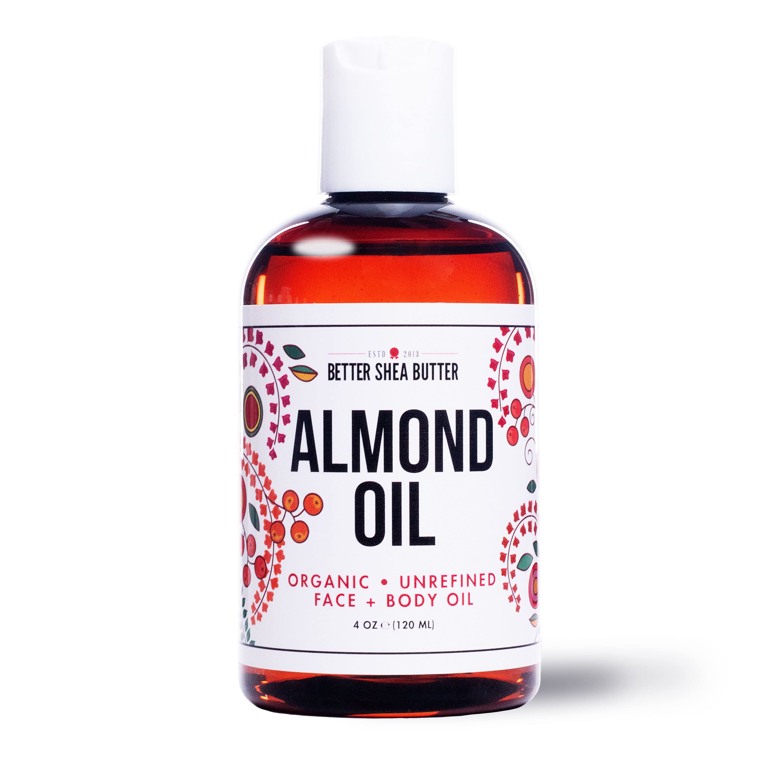 Better Shea Butter Organic Almond Oil bottle showing light, fast-absorbing moisturizer for all skin types.