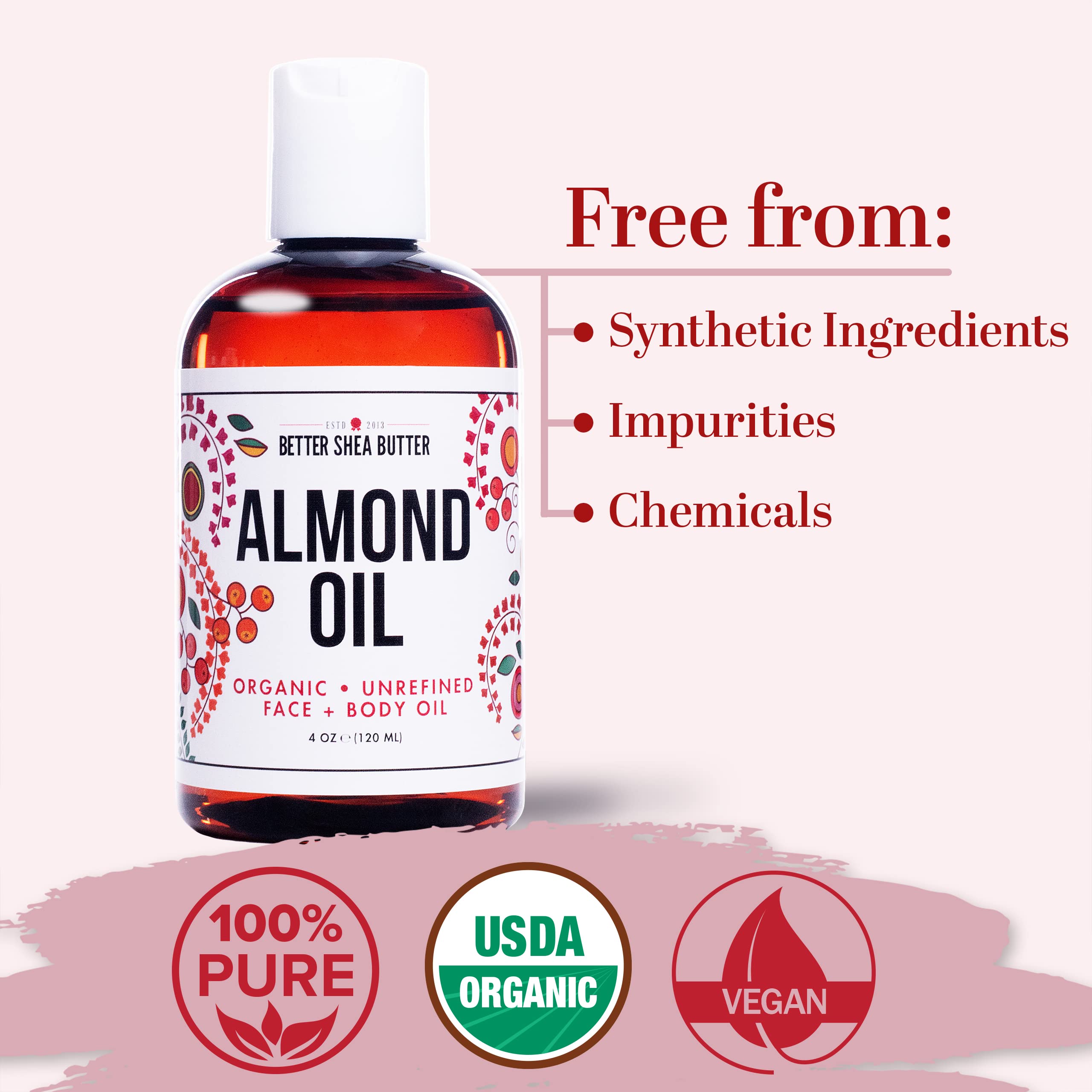 Better Shea Butter Organic Almond Oil label highlights pure, cold-pressed extract ideal for daily skin care.