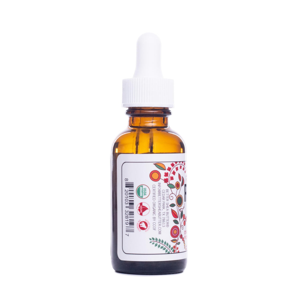 Better Shea Butter Organic Rosehip Oil amber bottle protects purity