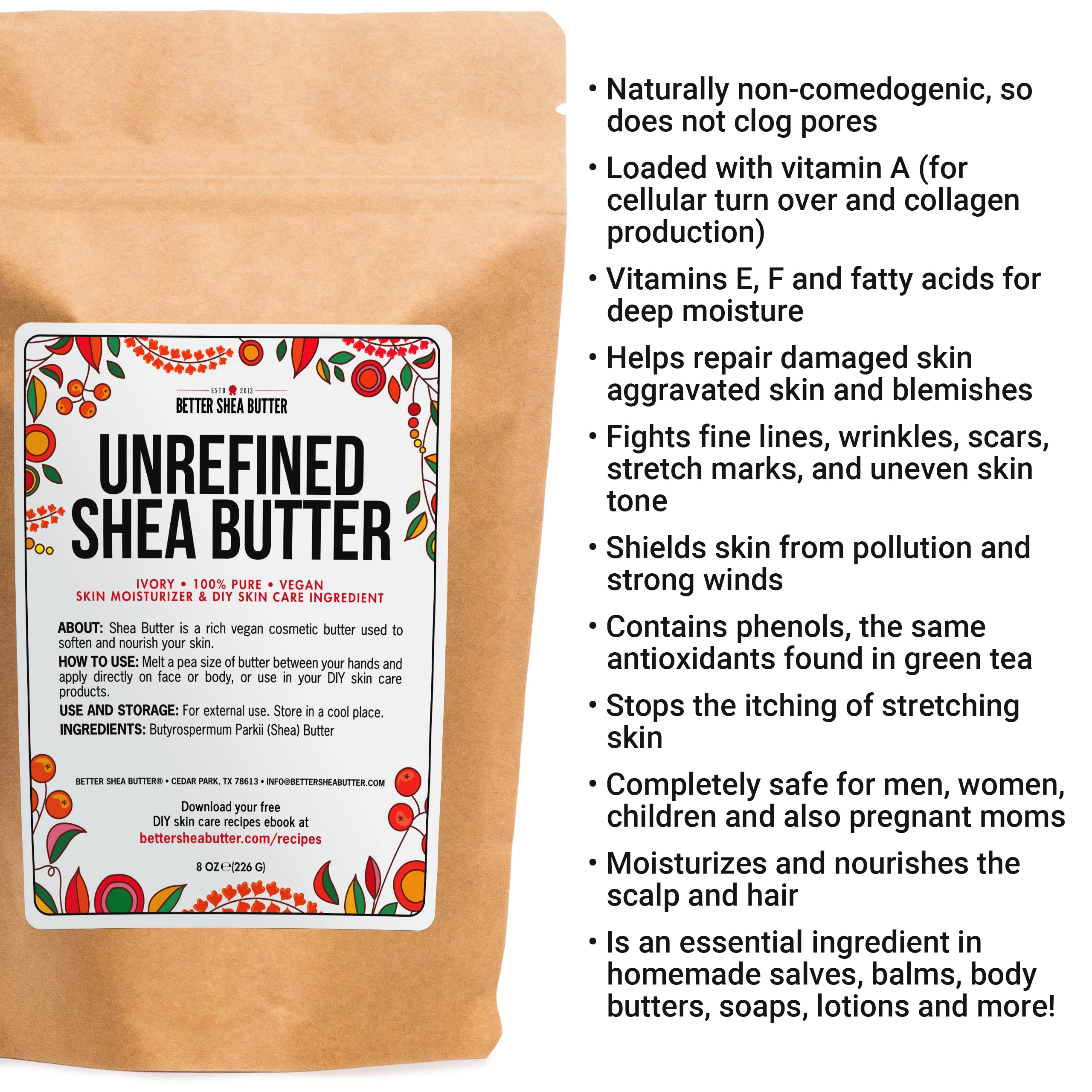 Packaging and labeling of Better Shea Butter emphasize purity and simple ingredients.