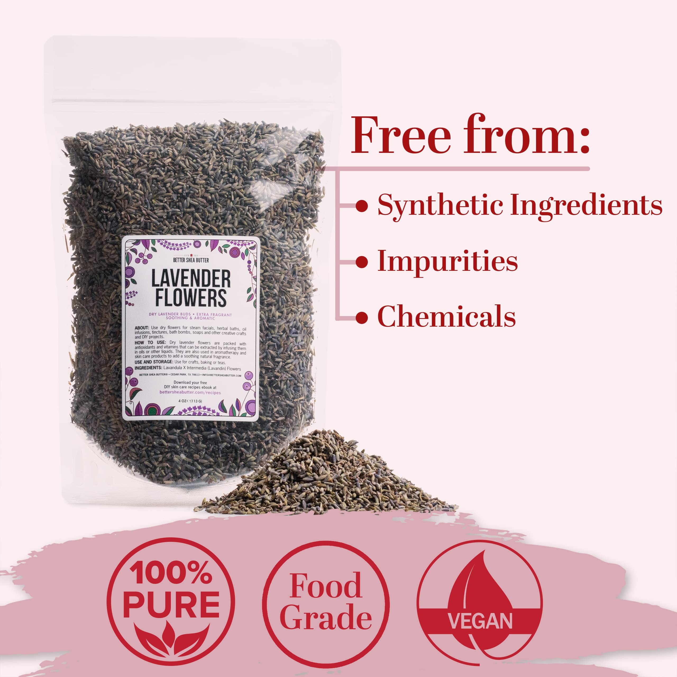 Better Shea Butter resealable pouch preserves dried lavender petals freshness