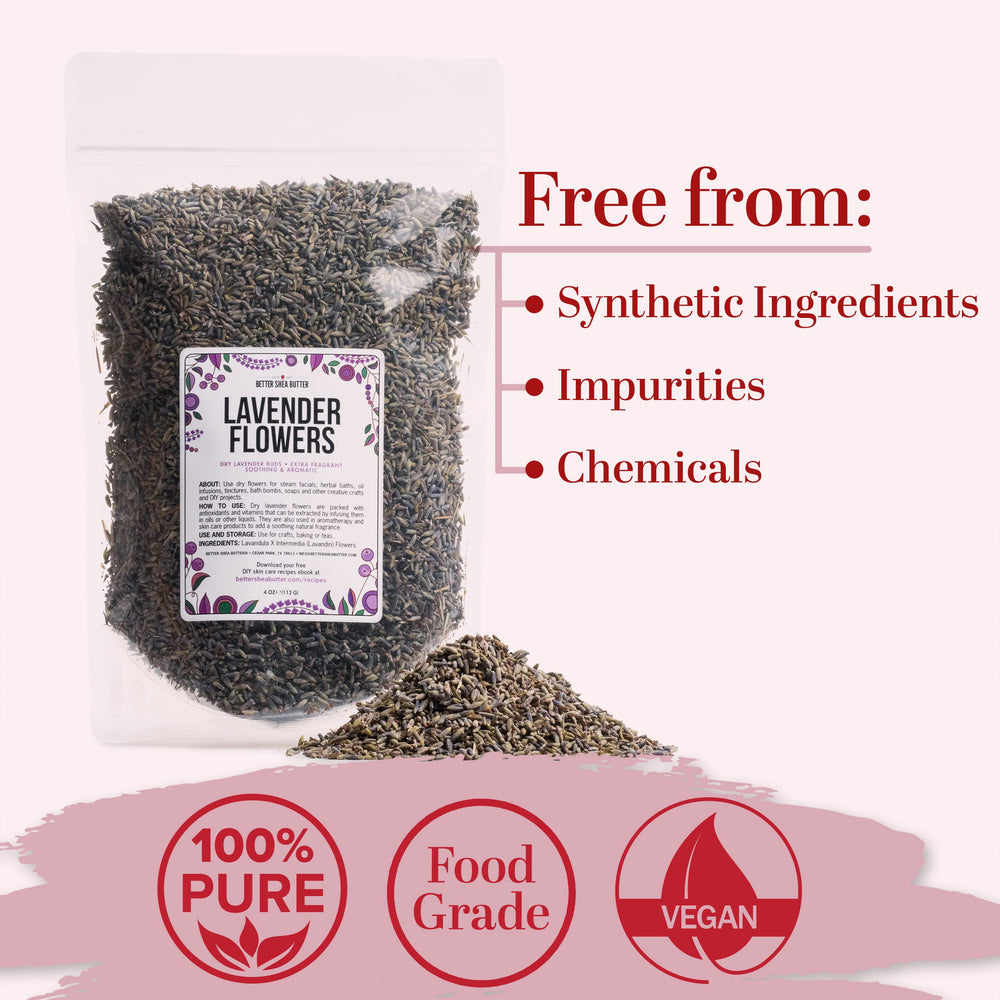 Better Shea Butter resealable pouch preserves dried lavender petals freshness