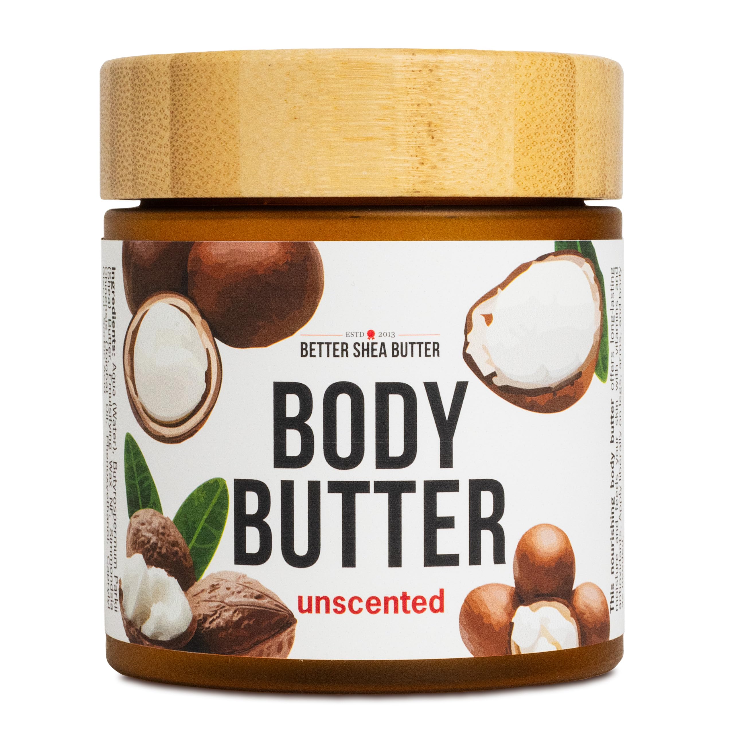 Better Shea Butter unscented body butter jar top view showing fragrance-free packaging.