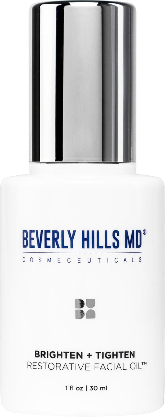 Beverly Hills MD Brighten + Tighten oil bottle on a clean vanity for premium daily care.