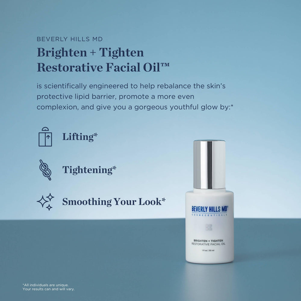 Beverly Hills MD Brighten + Tighten oil texture highlights quick-absorbing, non-greasy feel.