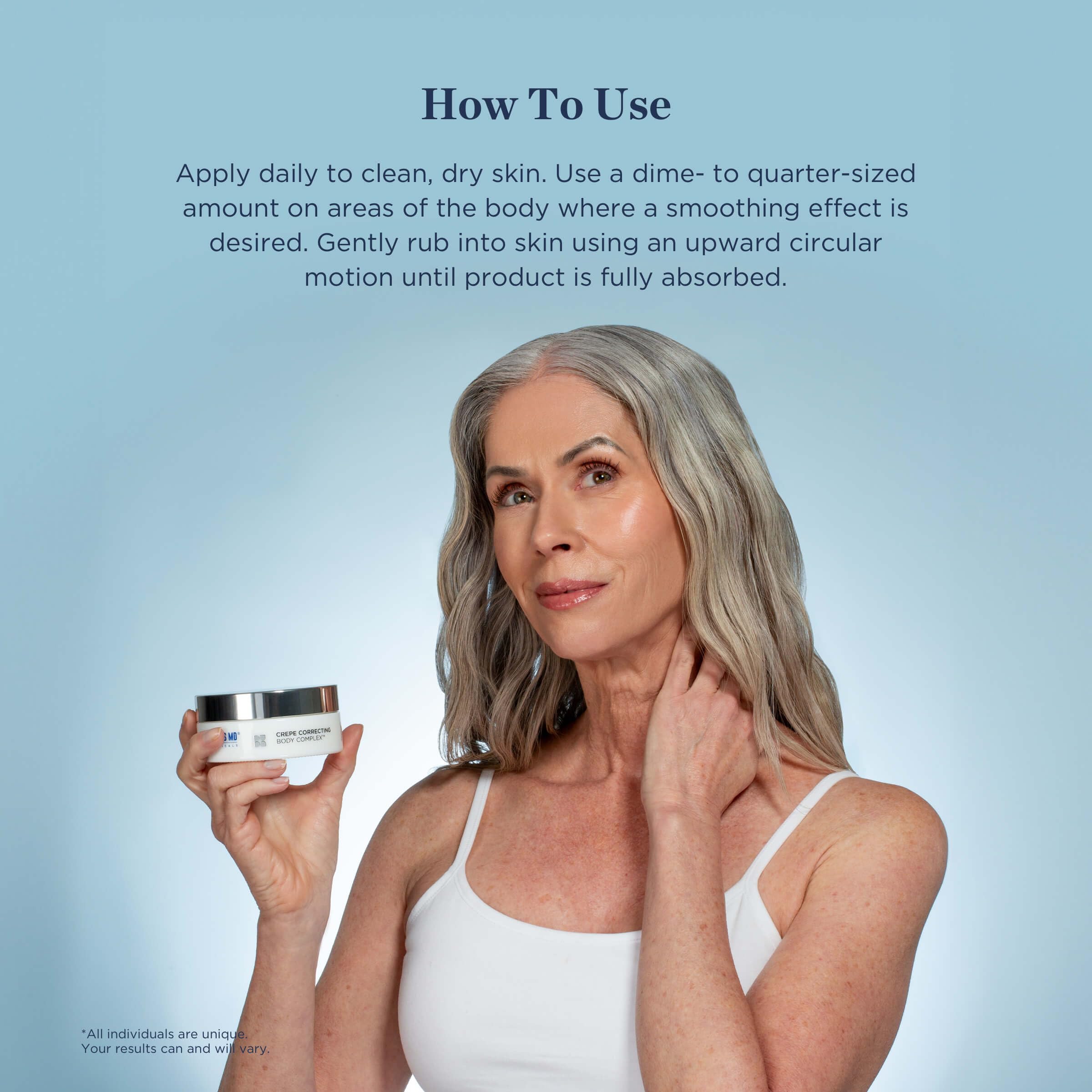 Applying Beverly Hills MD Crepe Correcting Body Complex on arm with upward motions