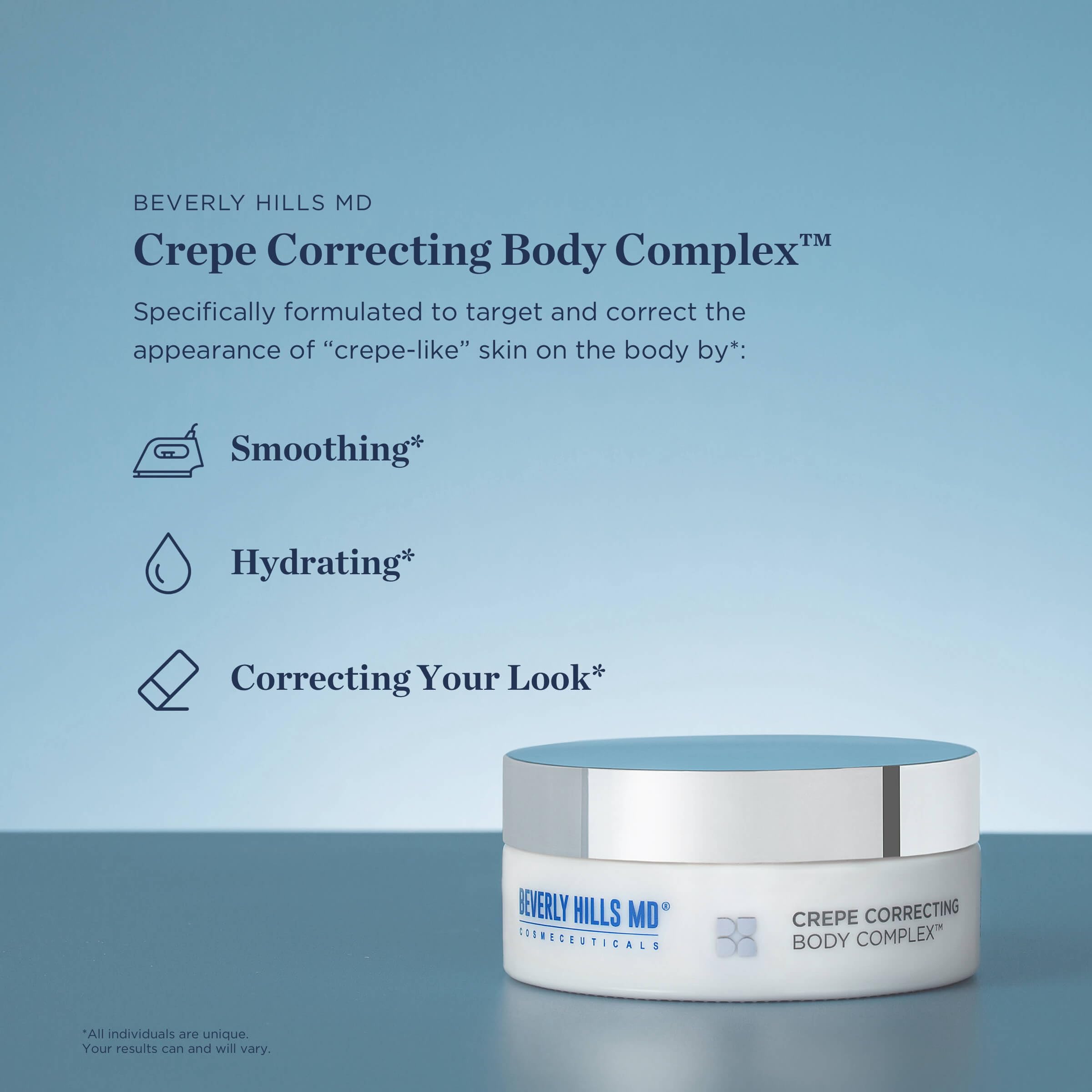 Beverly Hills MD Crepe Correcting Body Complex jar close-up reveals rich smoothing cream texture