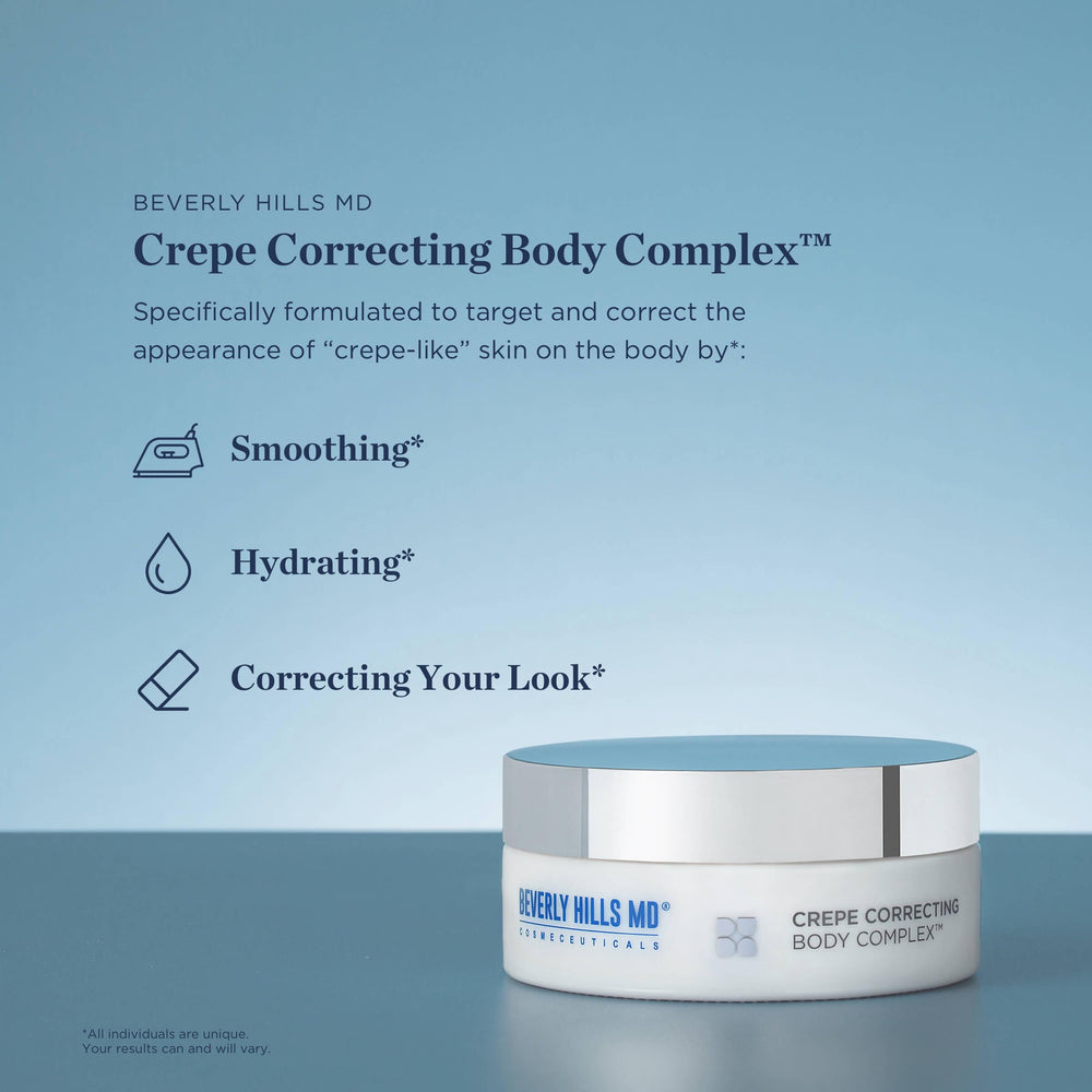 Beverly Hills MD Crepe Correcting Body Complex jar close-up reveals rich smoothing cream texture