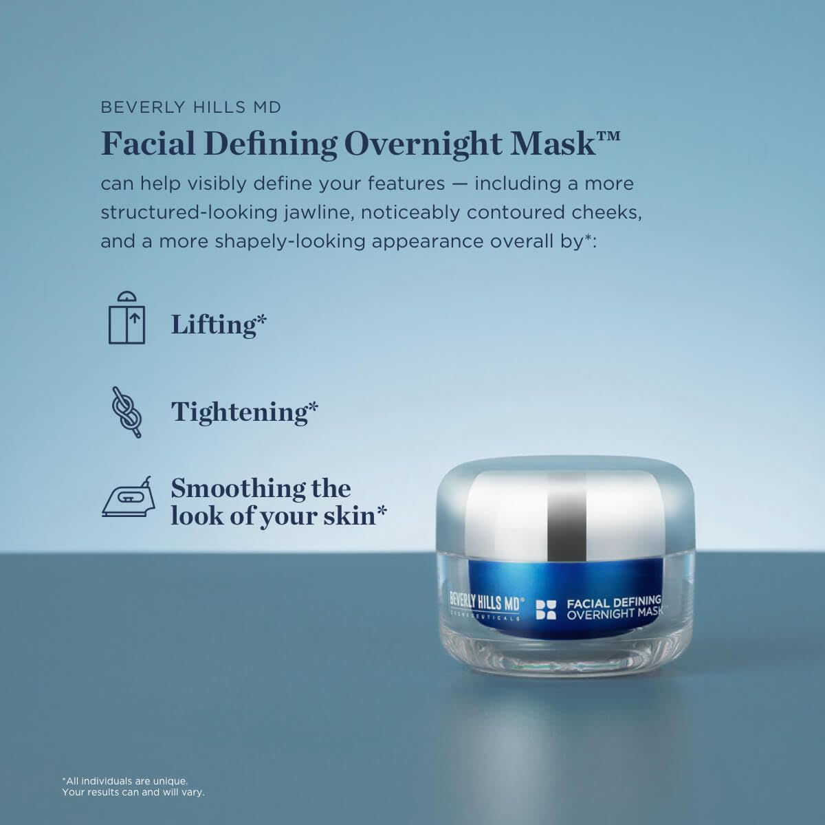 Beverly Hills MD Overnight Mask jar with creamy texture for smoothing.
