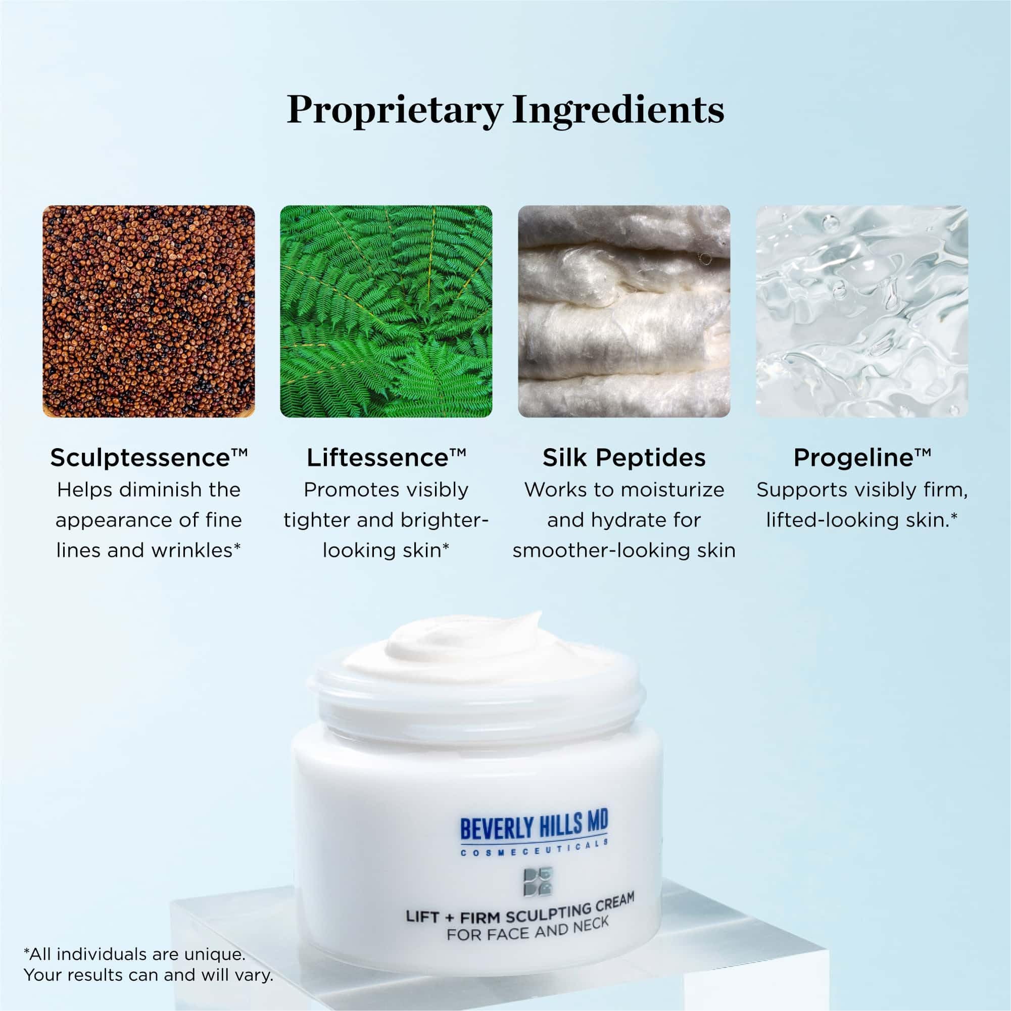 Beverly Hills MD Lift & Firm cream swirl on hand demonstrates smooth application.