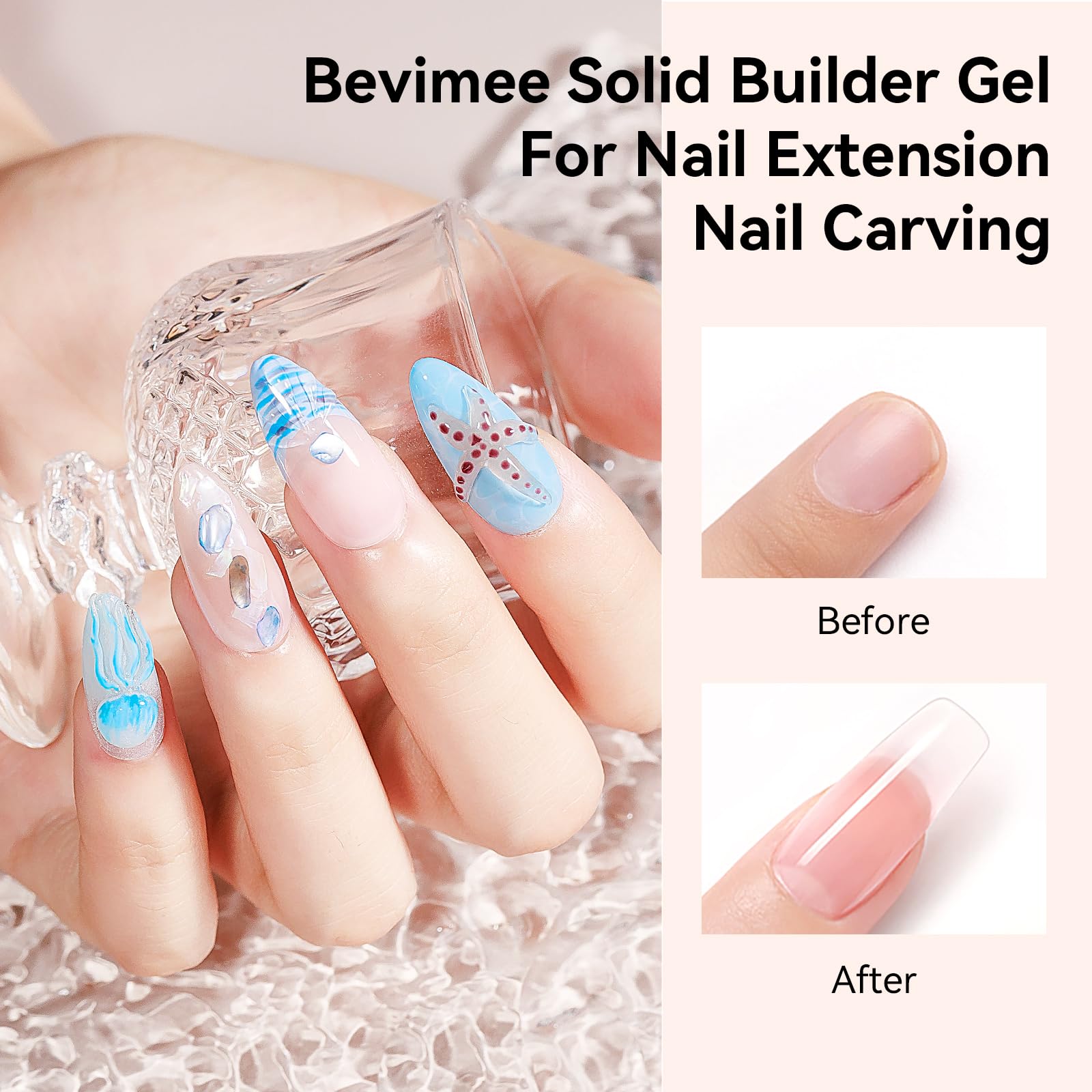 Bevimee 8-in-1 clear builder gel in-use shot, versatile nail options.