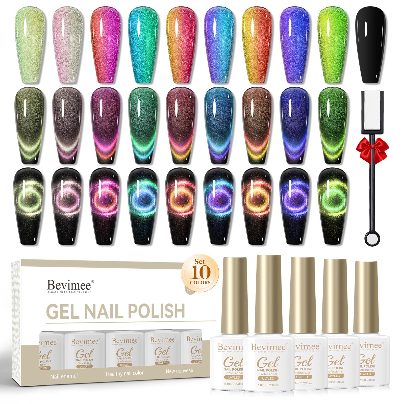 Bevimee cat-eye gel polish 10-color set for stylish DIY manicures at home.