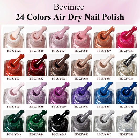 Bevimee nail polish bottles close-up showing round brush for smooth application.