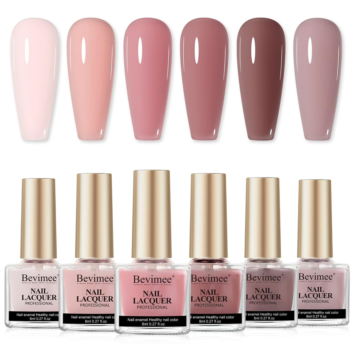 Bevimee Pink Quick Dry set bottle close-up showcasing six vibrant shades for versatile daily looks.