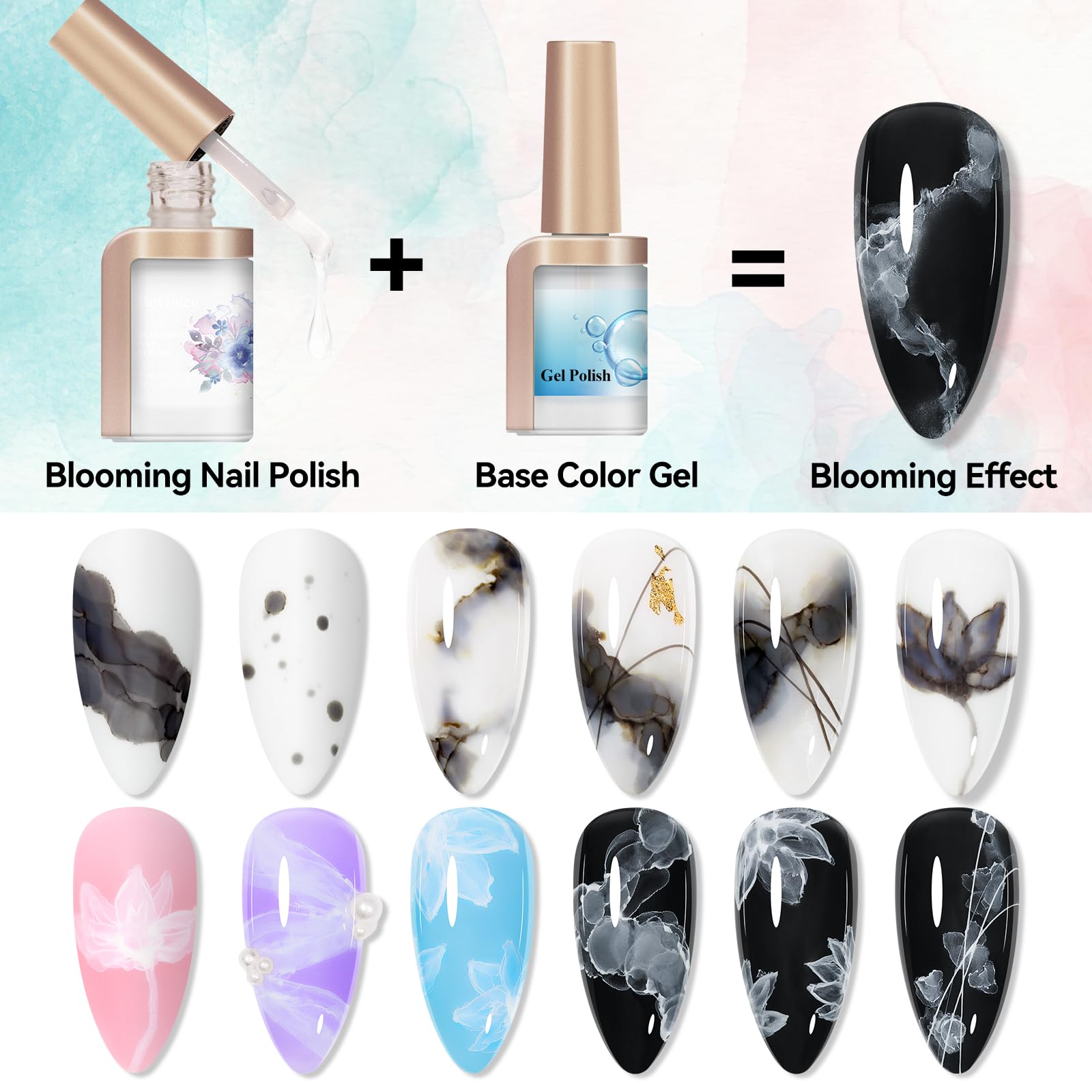 Bevimee watercolor marble effect nails for flower-inspired blooms.