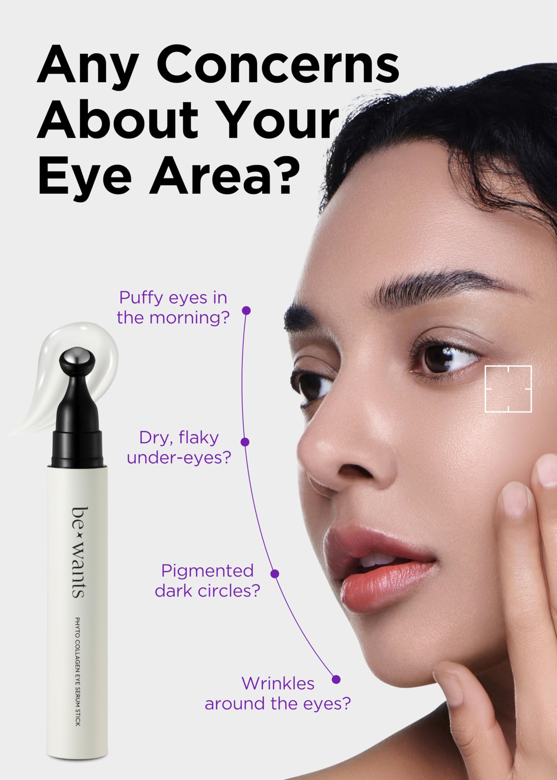 BE+WANTS eye serum roller application demonstrates precise cooling under-eye care
