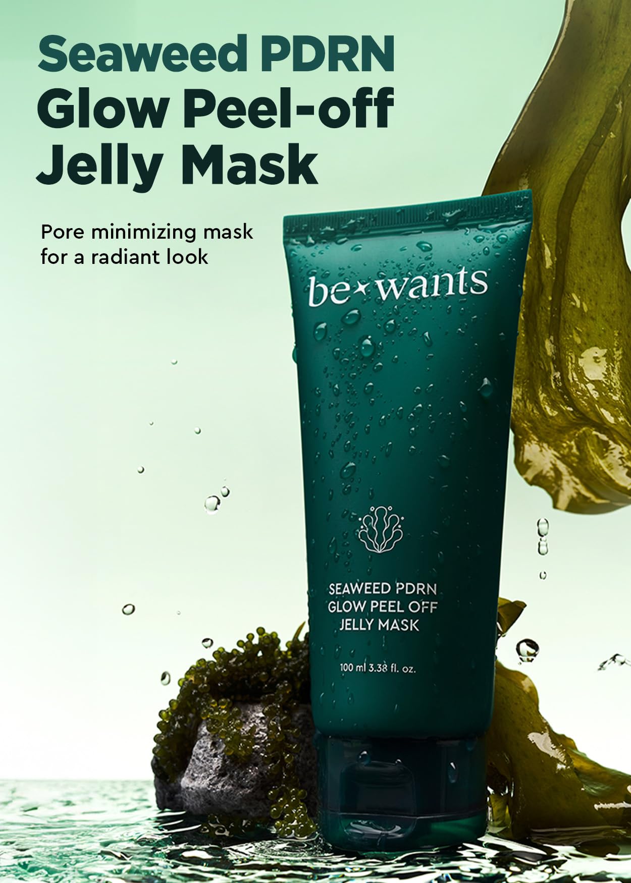 BE+WANTS Seaweed PDRN Peel-Off Jelly Mask being applied with an easy glide on the skin.