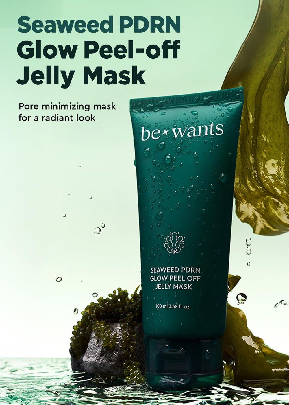 BE+WANTS Seaweed PDRN Peel-Off Jelly Mask being applied with an easy glide on the skin.
