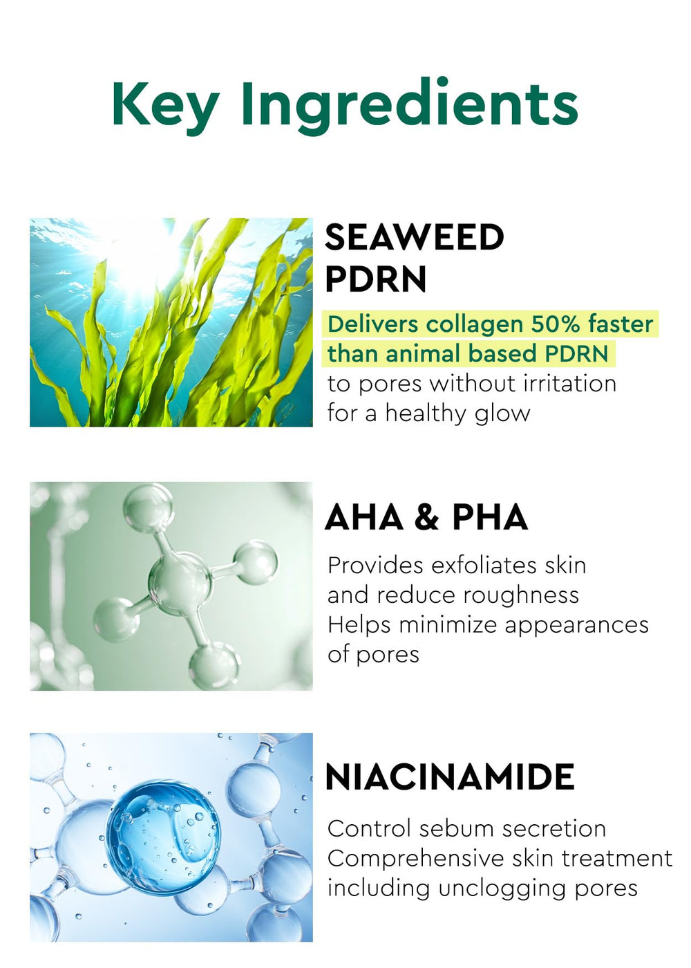 BE+WANTS Seaweed PDRN closeup of smooth, refined skin texture after use.