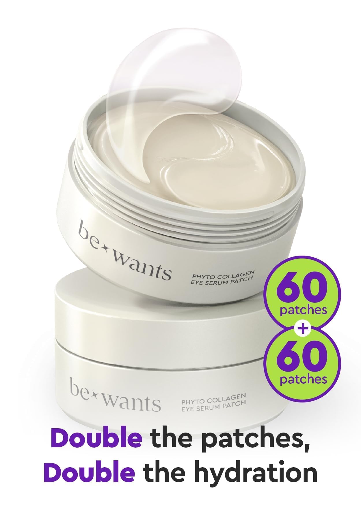 BE+WANTS under-eye patches placed on the eye area providing cooling relief.