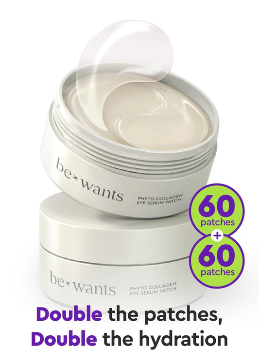 BE+WANTS under-eye patches placed on the eye area providing cooling relief.