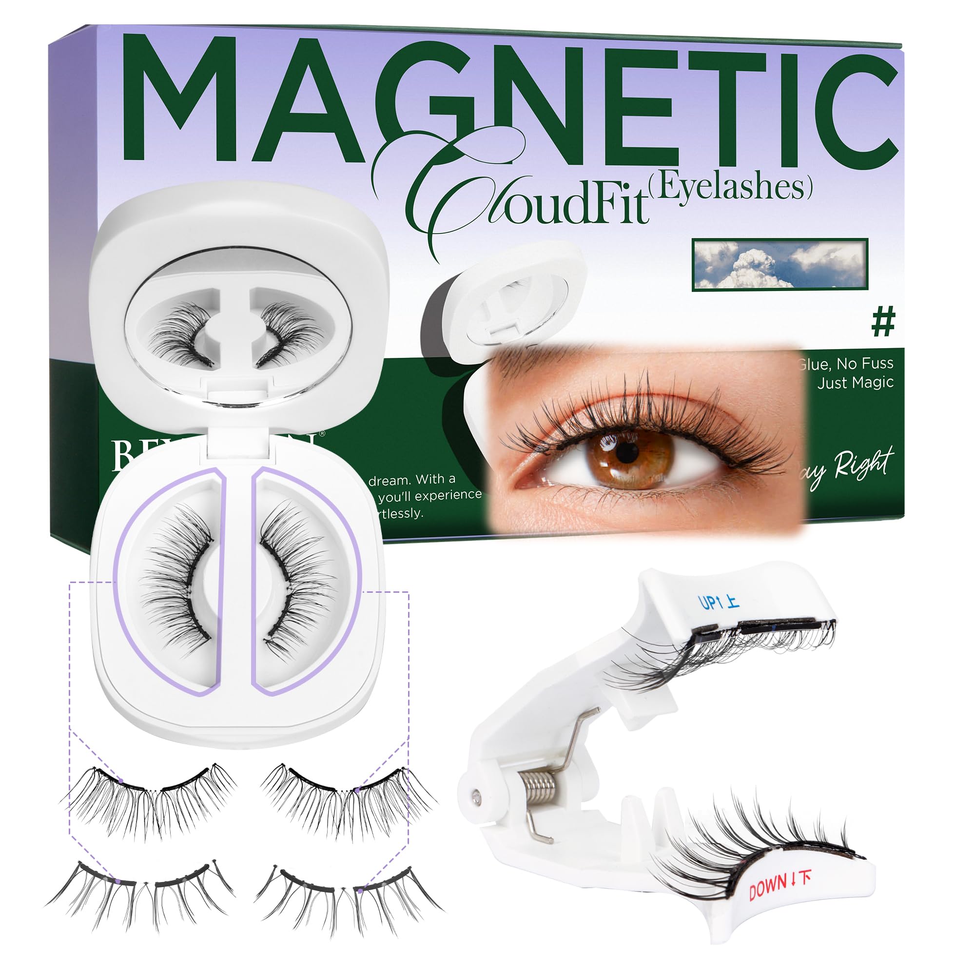 BEYELIAN magnetic eyelashes with applicator close-up showing soft magnets for comfort.