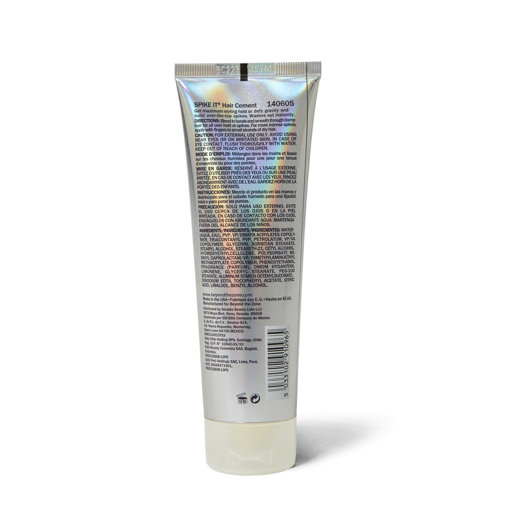 Beyond the Zone Spike It hair cement bottle close-up highlighting strong hold without weighing hair down