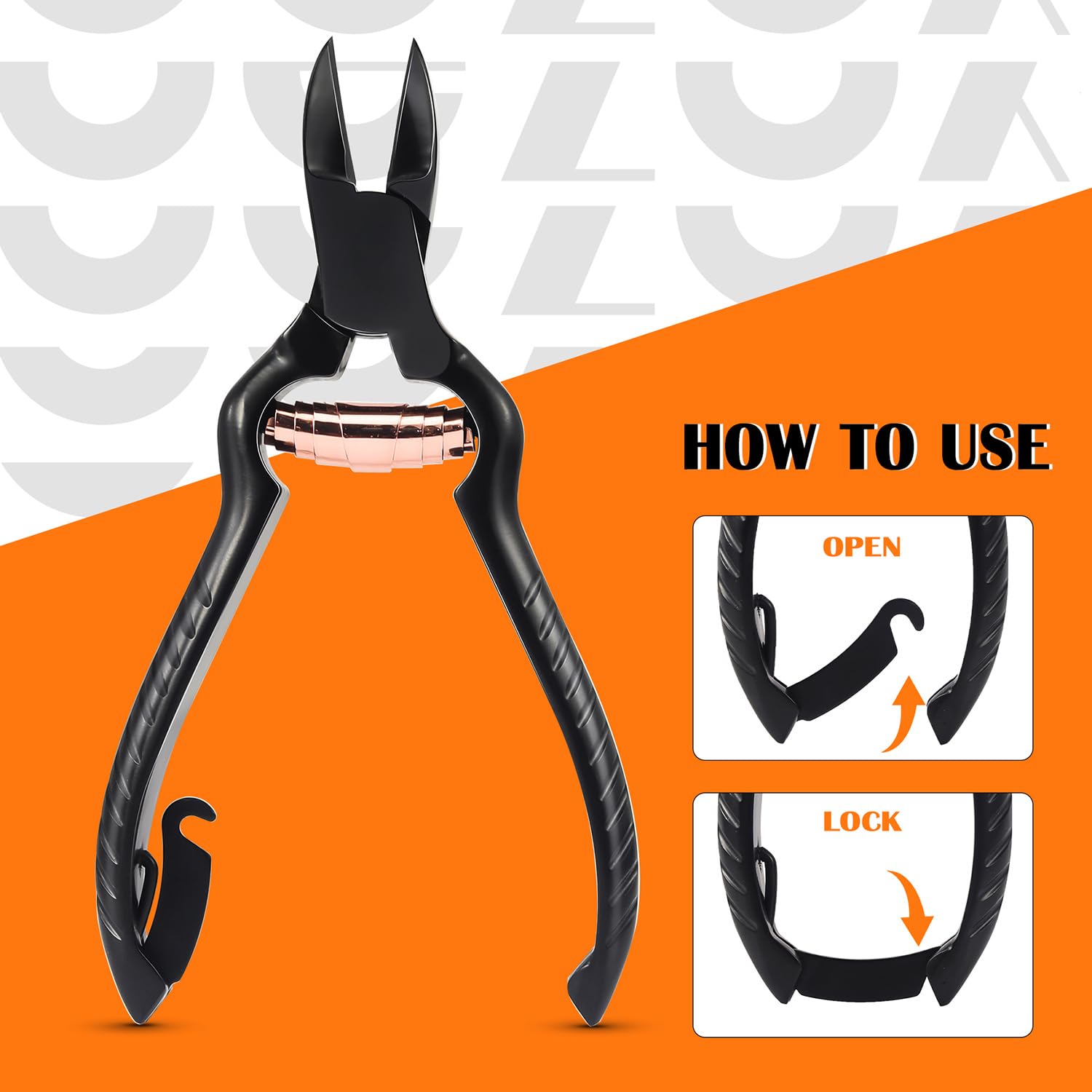 BEZOX heavy-duty toenail clippers cutting through a thick nail.