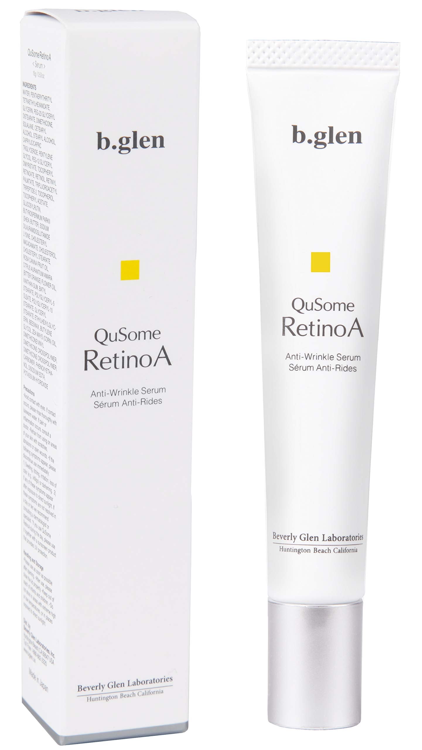 b.glen QuSome RetinoA serum bottle on vanity signals a gentle night routine for smoother texture.