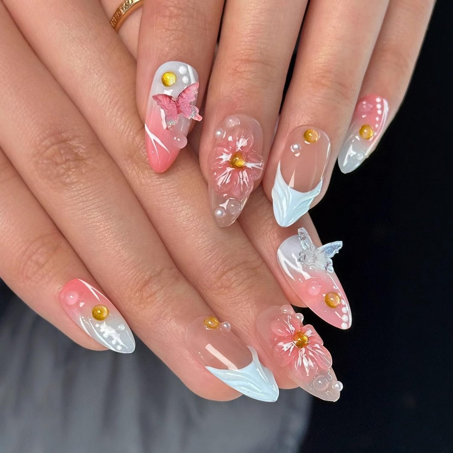 BHOOKA Medium almond nails in pink blue gradient for comfortable, DIY salon-like at-home application