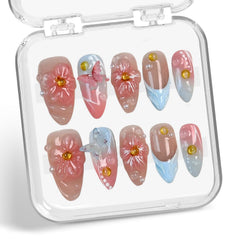 BHOOKA Flower Press on Nails pink blue gradient with 3D floral butterfly pearl design for elegant everyday wear