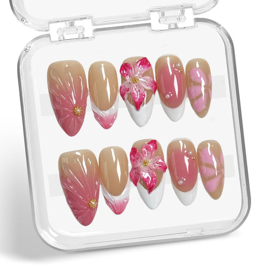 BHOOKA white French tip press-on nails with flower and pearl embossing for a luxurious manicure.