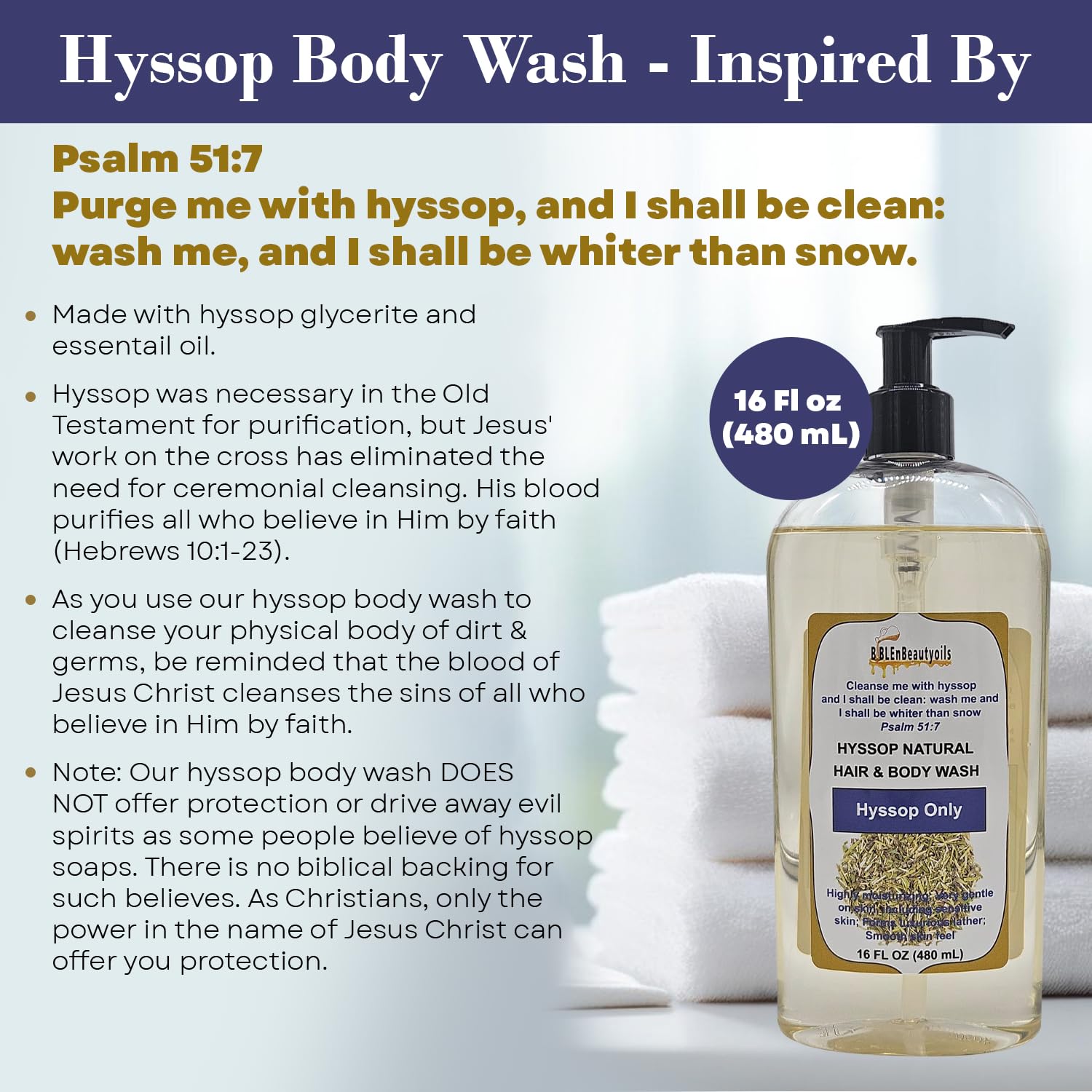 BIBLE N Beautyoils hyssop body wash pump view showing moisturizing formula for all skin types.