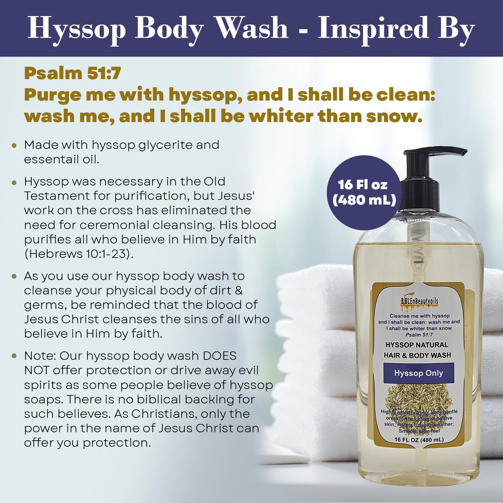 BIBLE N Beautyoils hyssop body wash pump view showing moisturizing formula for all skin types.