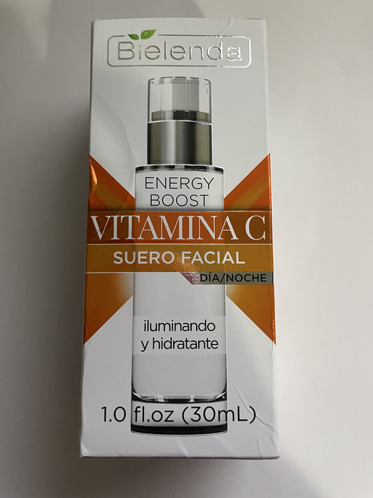 Bielenda Energy Boost Vitamin C Serum bottle closeup highlighting brightening formula.