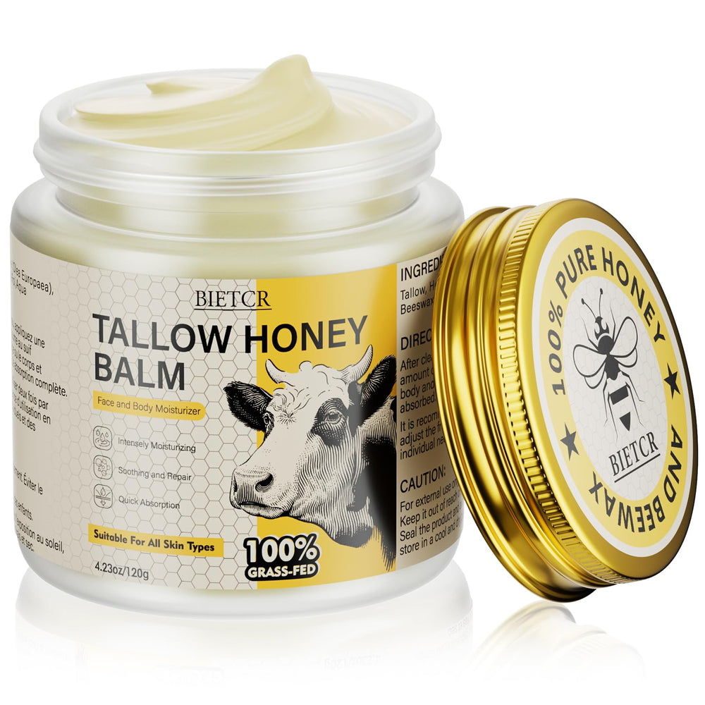 BIETCR beef tallow jar on a clean surface showing nourishing texture for dry skin.