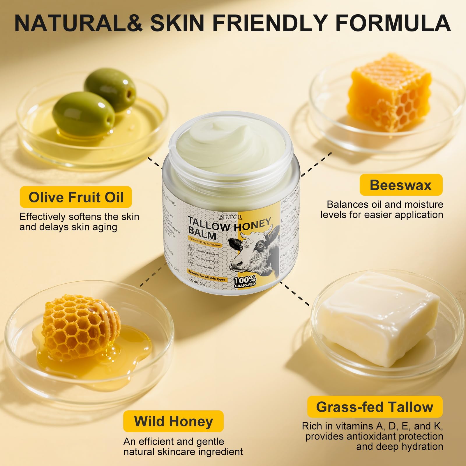 BIETCR grass-fed beef tallow ingredients panel emphasizing vitamin-rich nourishment.