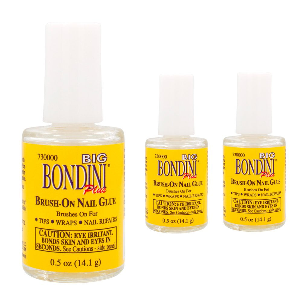 Big Bondini Brush-On Nail Glue 3-pack bottles for reliable bonding of tips and wraps.