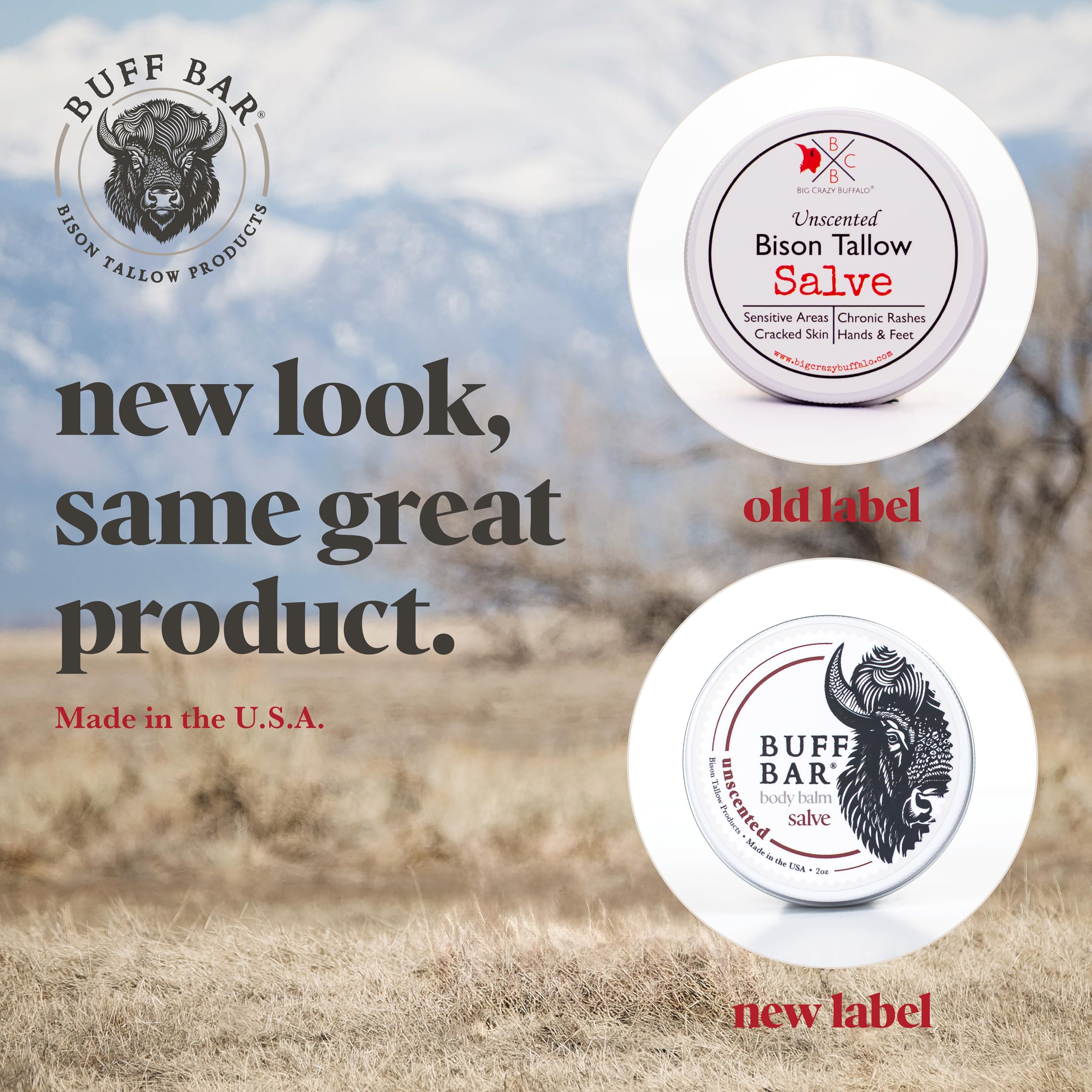 Ingredients list: bison tallow, beeswax, shea butter, jojoba oil.