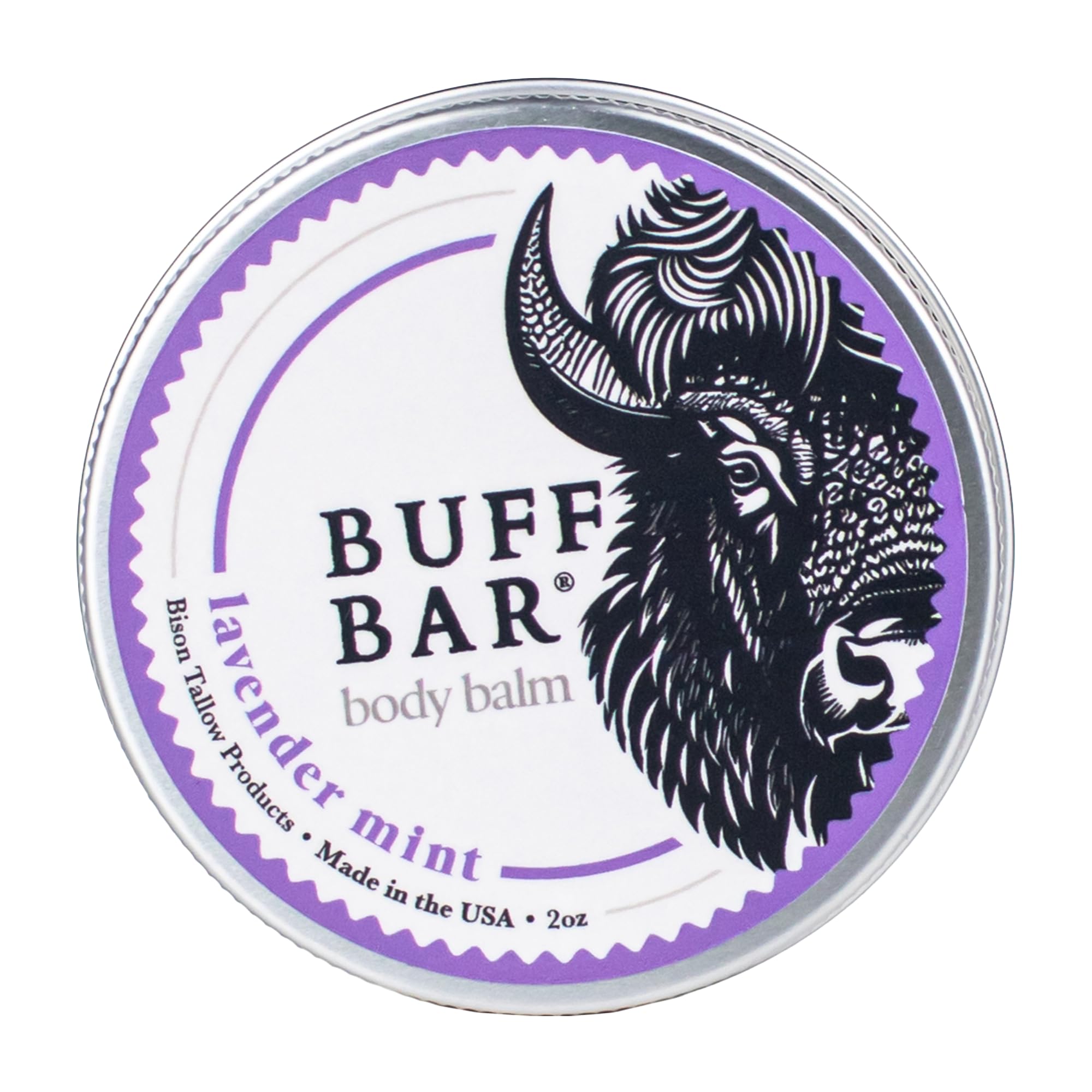 Big Crazy Buffalo Buff Bar Balm lavender mint jar close-up for hydration.
