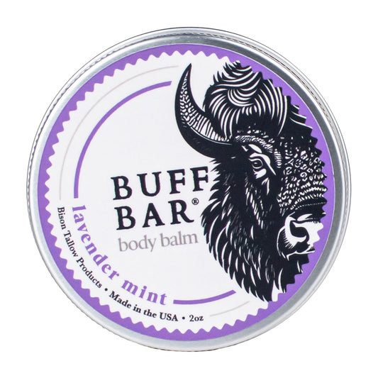 Big Crazy Buffalo Buff Bar Balm lavender mint jar close-up for hydration.