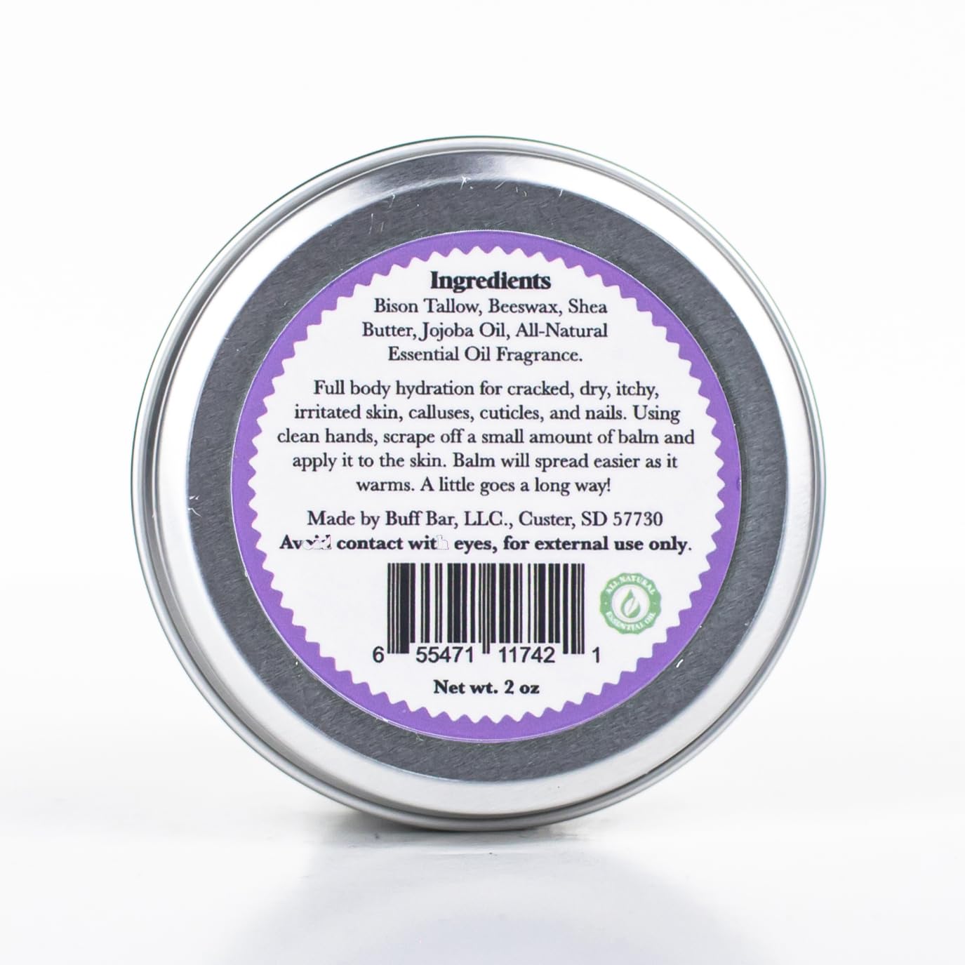 Buff Bar Balm packaging showing natural ingredients and brand heritage.