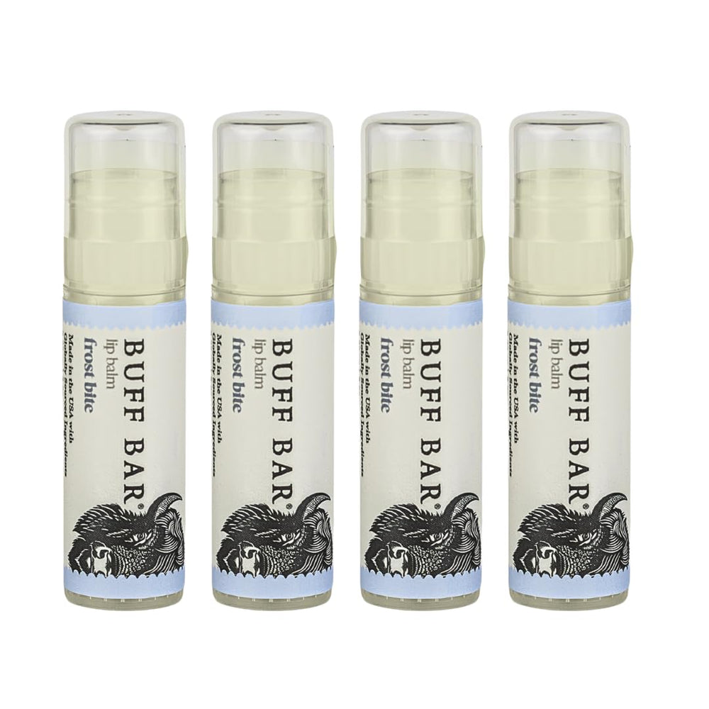Big Crazy Buffalo Buff Bar Frost Bite 4-pack front view highlights peppermint freshness and lip conditioning.