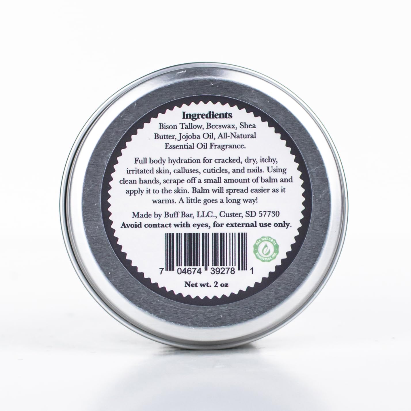 Close‑up of Buff Bar ingredients showing bison tallow and shea butter.