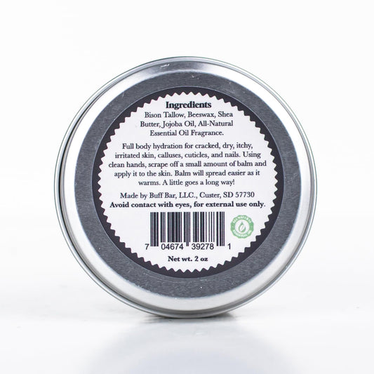 Close‑up of Buff Bar ingredients showing bison tallow and shea butter.