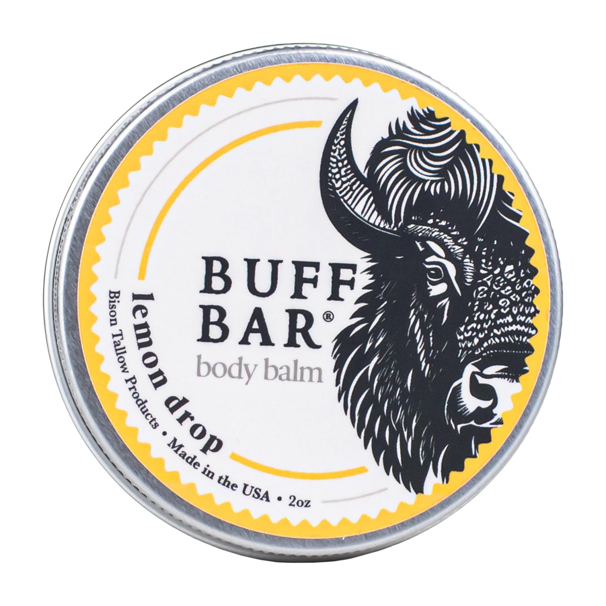Big Crazy Buffalo Buff Bar Lemon Drop tin highlights full-body hydration with vitamin-rich bison tallow.